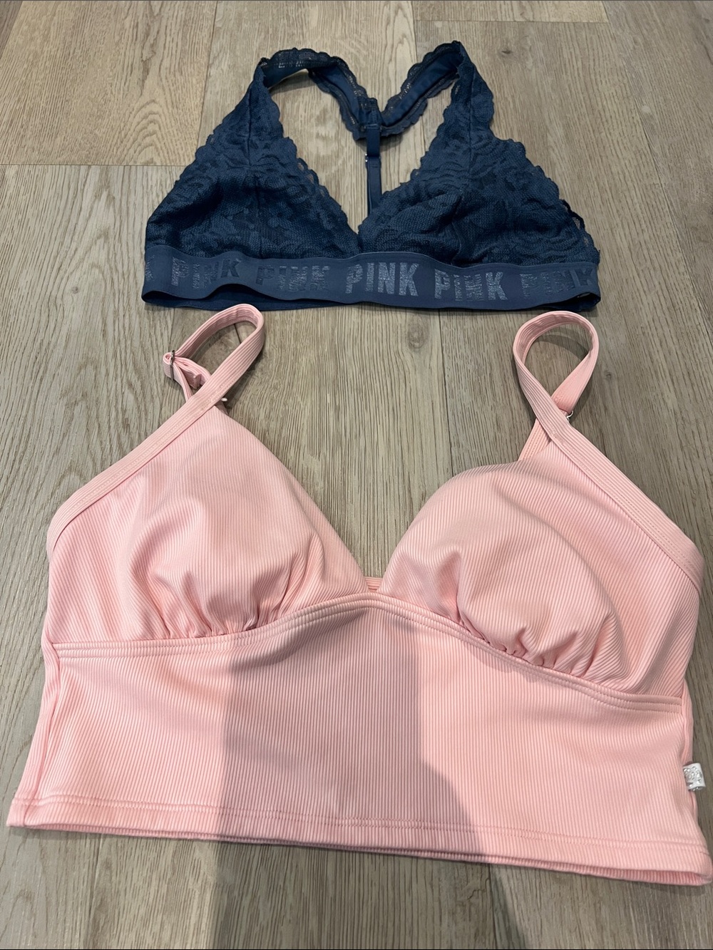 PINK Victoria's Secret Navy Lace Bralette & Light Pink Ribbed Cami